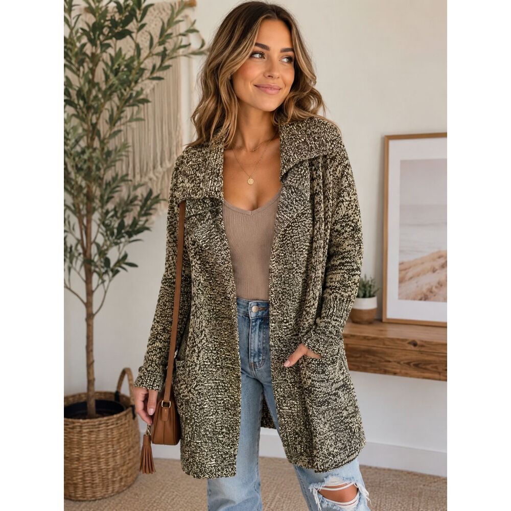 Gap Cozy Brown Beige Lamb Wool Blend Knit Drape Collar Cardigan Sweater Fall Chi